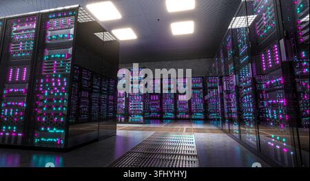 Server racks with glowing lights 3d Stock Photo