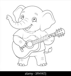 Guitar acoustic musical instrument player elephant performing on stage with mic Stock Vector