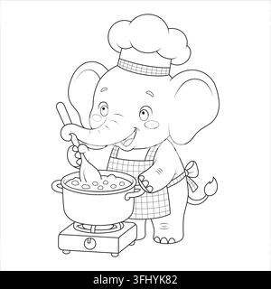 Chef cooking pot soup elephant stirring food on stove wearing apron and toque Stock Vector