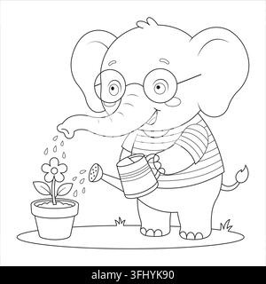 Watering can plant flower gardening elephant caring for seedling with glasses Stock Vector