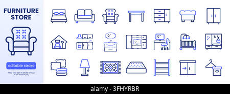 Furniture line icon set. Table, chair, bed, sofa, wardrobe, desk, living room, office chair minimal vector illustrations. Simple outline signs for Stock Vector