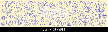 Flower line icon set. Rose, tulip, daisy, chamomile, poppy, echinacea, peony wildflower, butterfly linear doodle vector illustration. Outline coloring Stock Vector