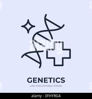 Genetics line icon. DNA medicine linear vector illustration. Thin sign of double helix with medical cross for genomics, heredity, gene therapy Stock Vector