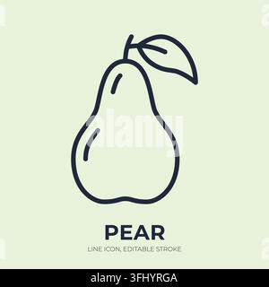 Pear line icon. Fresh fruit linear vector illustration. Thin sign of whole produce with leaf for nutrition, healthy diet, organic farming, harvest Stock Vector