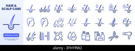 Hair loss line icon set. Shampoo, dandruff, split ends, growth, follicle, scalp treatment, salon product linear minimal vector illustration. Simple Stock Vector