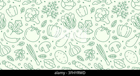 Vegetable seamless pattern with line icons of pepper, broccoli, tomato, eggplant, mushroom, garlic linear doodle vector illustration. Cute green Stock Vector