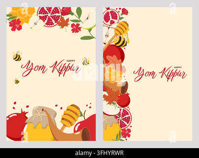 Set of two festive Yom Kippur greeting card designs with honey, apples, pomegranates, bees, and autumn leaves. Includes cheerful HAPPY Yom Kippur text Stock Vector