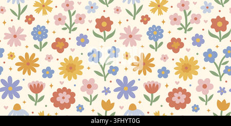 Colorful retro floral seamless pattern. Cute daisies, tulips, leaves, hearts in pastel colors on cream background. Groovy botanical vector Stock Vector