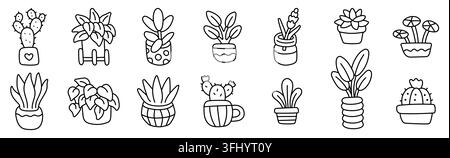 Houseplants line icon set. Cactus, succulent, snake plant, tropical foliage, flowerpot and indoor greenery linear minimal vector illustration. Simple Stock Vector