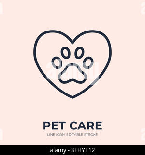 Pet care line icon. Animal love linear vector illustration. Thin sign of heart with paw print for veterinary, adoption, shelter, grooming, protection Stock Vector