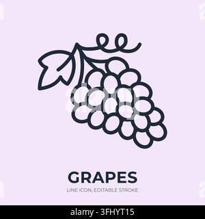 Grapes line icon. Vineyard fruit linear vector illustration. Thin sign of clustered berries with vine leaf for viticulture, harvest, nutrition, juice Stock Vector