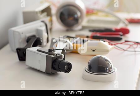 Security Camera Equipment and Surveillance System Installation Tools Setup Stock Photo