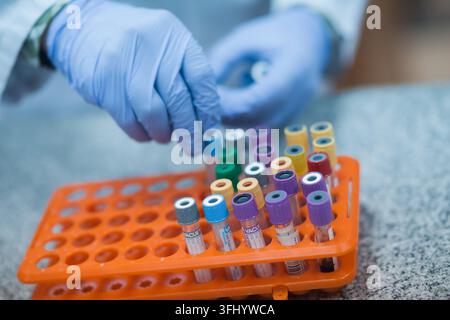 Young medical technicians and doctors working together in a clinical laboratory, handling blood test vials and samples with gloved hands for diagnosti Stock Photo