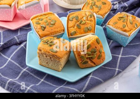 Date Nut Cupcakes Topped with Pumpkin Seeds Stock Photo