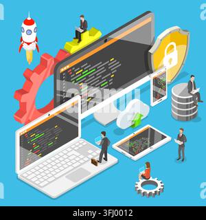 Flat isometric  concept of software development, teamwork, brainstorm. Stock Photo