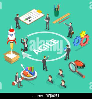Flat isometric  concept of agile methodology, software product development. Stock Photo