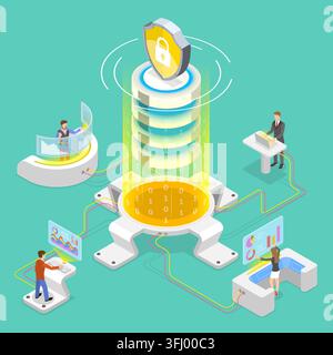 Flat isometric  concept of secure online storage, big data cloud computing service, mobile device sync. Stock Photo
