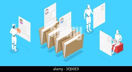 Isometric  Conceptual Illustration. Robots are searching the Best Candidate For Some Position Through CV Database. AI in HR, Robot Headhunter. Stock Photo