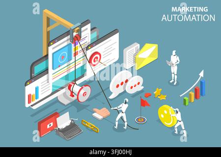 Digital marketing automation isometric flat  concept. Stock Photo