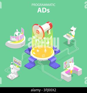 Flat isometric  concept of programmatic advertising. Stock Photo
