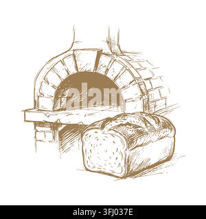 Traditional brick oven with an arched opening and loaf of sliced bread. Vector illustration. For bakeries, menus, organic food packaging, retro labels Stock Vector