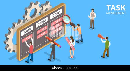 3D Isometric Flat  Concept of Task Management Process, Scheduling Tool, Planning Board, Team Planner Meeting. Stock Photo
