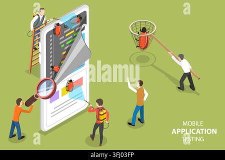 3D Isometric Flat  Concept of Mobile App Testing, Quality Assurance, Software Development, Searching for Bugs in Code. Stock Photo