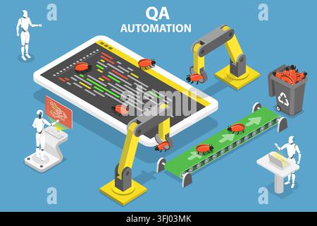 3D Isometric Flat  Conceptual Illustration of Automated Software Quality Assurance, QA Automation. Stock Photo