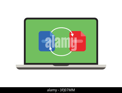 Flat vector illustration of a laptop screen displaying two documents exchanging data with sync arrows for file transfer or format conversion. Stock Vector