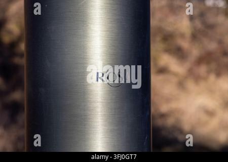 Szklarska Poreba, Poland - December 18, 2025: Rosa engraved stainless steel bottle exterior showing brushed metal finish used in modern lifestyle outd Stock Photo
