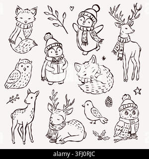 Hand drawn winter animal set featuring deer, fox, owl, penguin and birds wearing scarves and hats, ideal for Christmas cards, gift tags, holiday stati Stock Vector