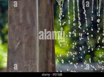 Falling water droplets or beads running down a smooth vertical surface against a blurred green background. Stock Photo