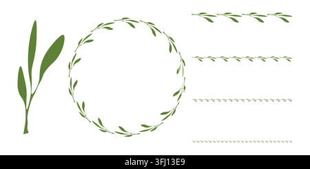 Hand drawn plants, dividers, wreaths, border frames. Circle floral frame with leaves on white background. Vector hand drawn illustration for wallpaper Stock Vector