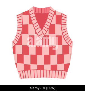 Pink checkered knitted sweater vest vector illustration isolated on white Stock Vector