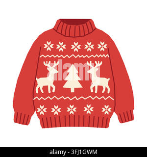 Red Christmas sweater with reindeer and snowflake pattern vector illustration Stock Vector