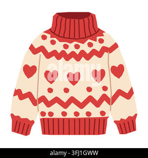 Cute winter sweater with red hearts and Nordic pattern vector illustration Stock Vector