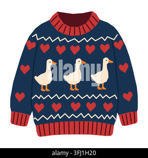 Funny Christmas sweater with geese and heart pattern vector illustration Stock Vector