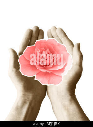 Hand holding flower halftone collage. Trendy modern collage design with retro halftone texture. Stock Vector