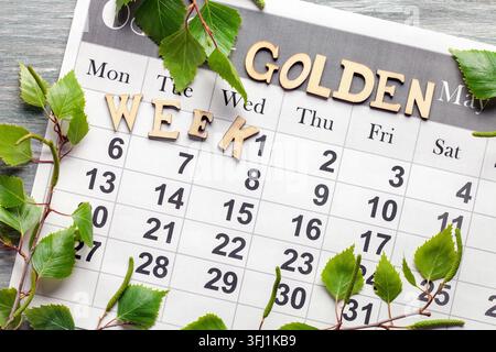 Golden Week. May 2024 monthly desk calendar. Green Day Stock Photo