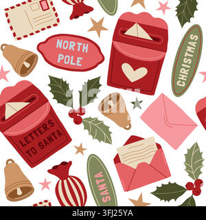 Hand-drawn Christmas seamless pattern with Santa mailbox, holly berry and candy for seasonal holiday fabric, background, packaging Stock Vector