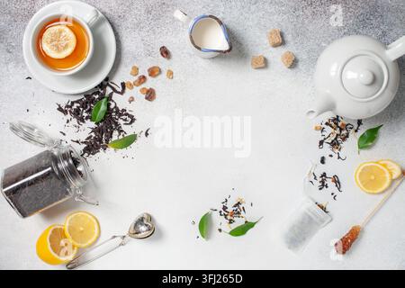 Tea composition on light grey background. Flat lay. Top view. Banner Stock Photo