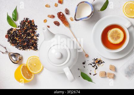 Tea composition on light grey background. Flat lay. Top view. Banner Stock Photo