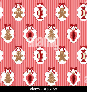 Christmas seamless pattern with stripes, frames, gingerbread man, bauble and candy for seasonal fabric, background, wrapping paper Stock Vector