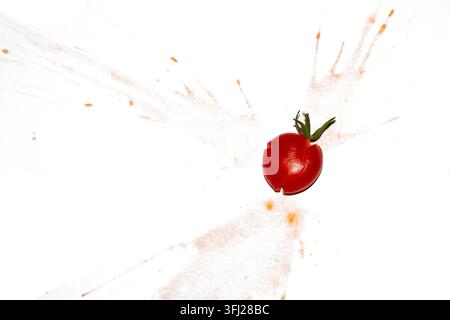A squashed splattered and crushed broken fresh tomato with seeds Stock Photo