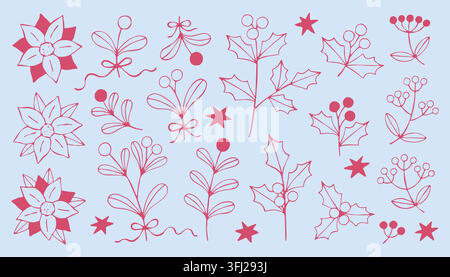 Vector line art illustration set of Christmas floral elements including poinsettia flowers, holly leaves, berries, and mistletoe. Ideal for winter Stock Vector