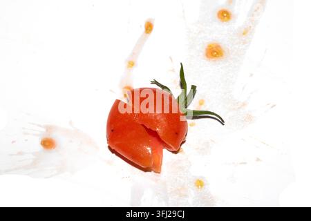 A squashed splattered and crushed broken fresh tomato with seeds Stock Photo