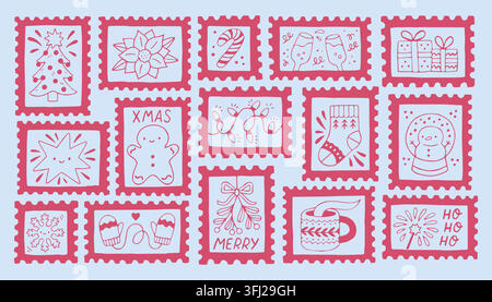 Cute pink line art vector set of festive Christmas postage stamps with holiday icons like trees, gingerbread, stars, and cocoa. Perfect for winter Stock Vector