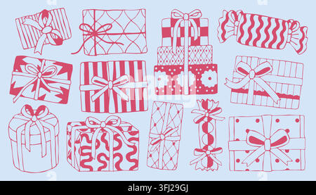 Hand-drawn pink line art vector set of wrapped Christmas gift boxes with ribbons, bows, and patterned paper. Great for holiday sales, present tags Stock Vector