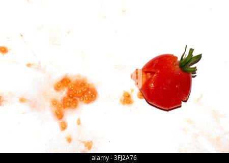 A squashed splattered and crushed broken fresh tomato with seeds Stock Photo