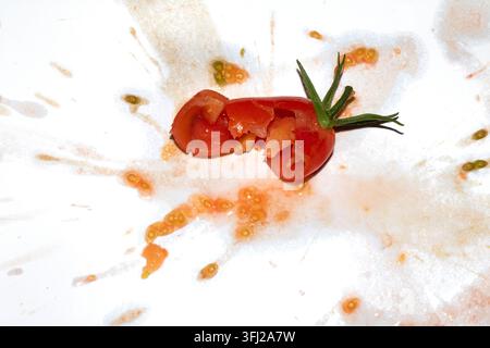 A squashed splattered and crushed broken fresh tomato with seeds Stock Photo